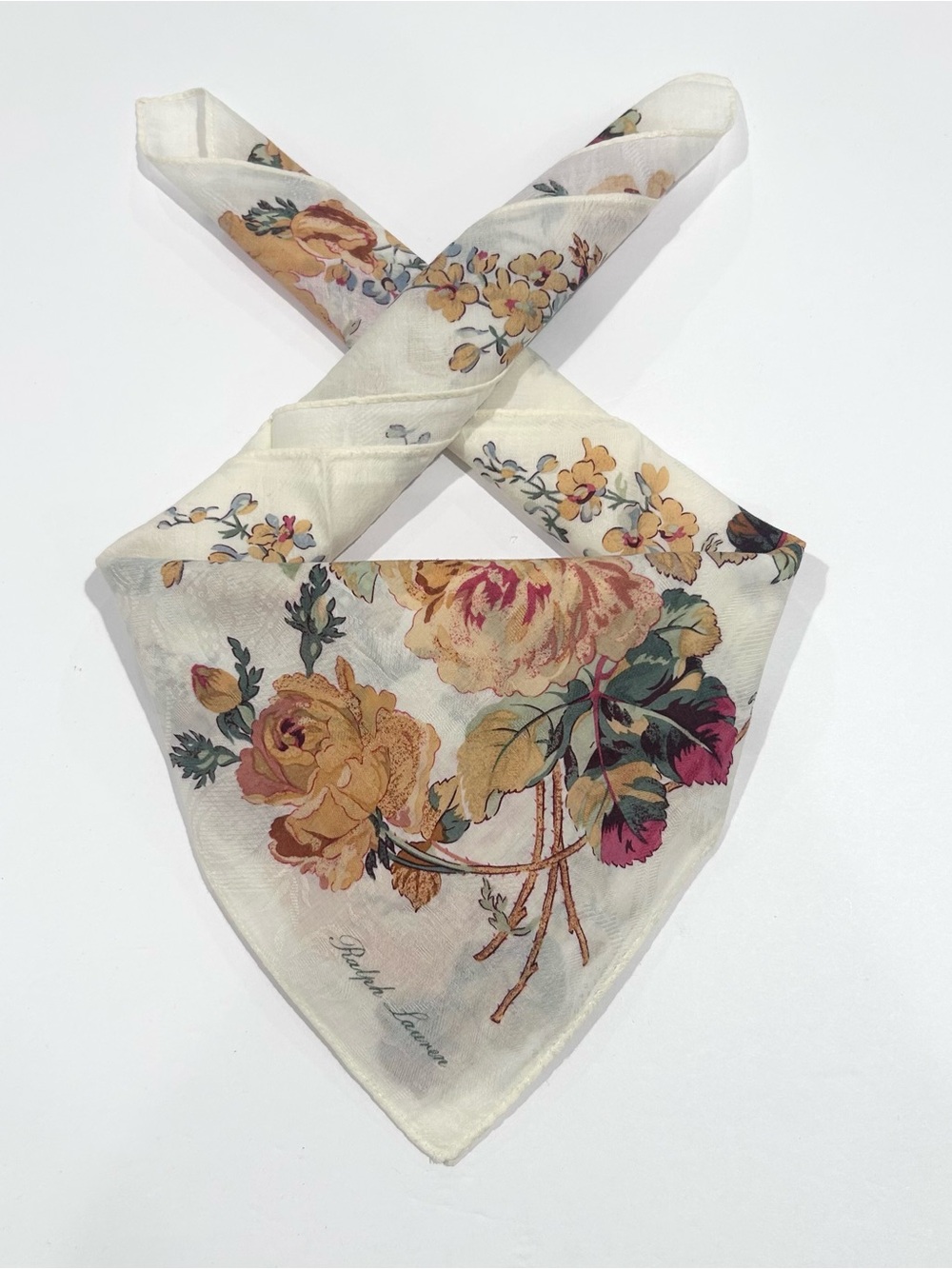 WOMEN HANDKERCHIEF RALPH LAUREN FLORAL Rose Cream COTTON POCKET SQUARE  20”